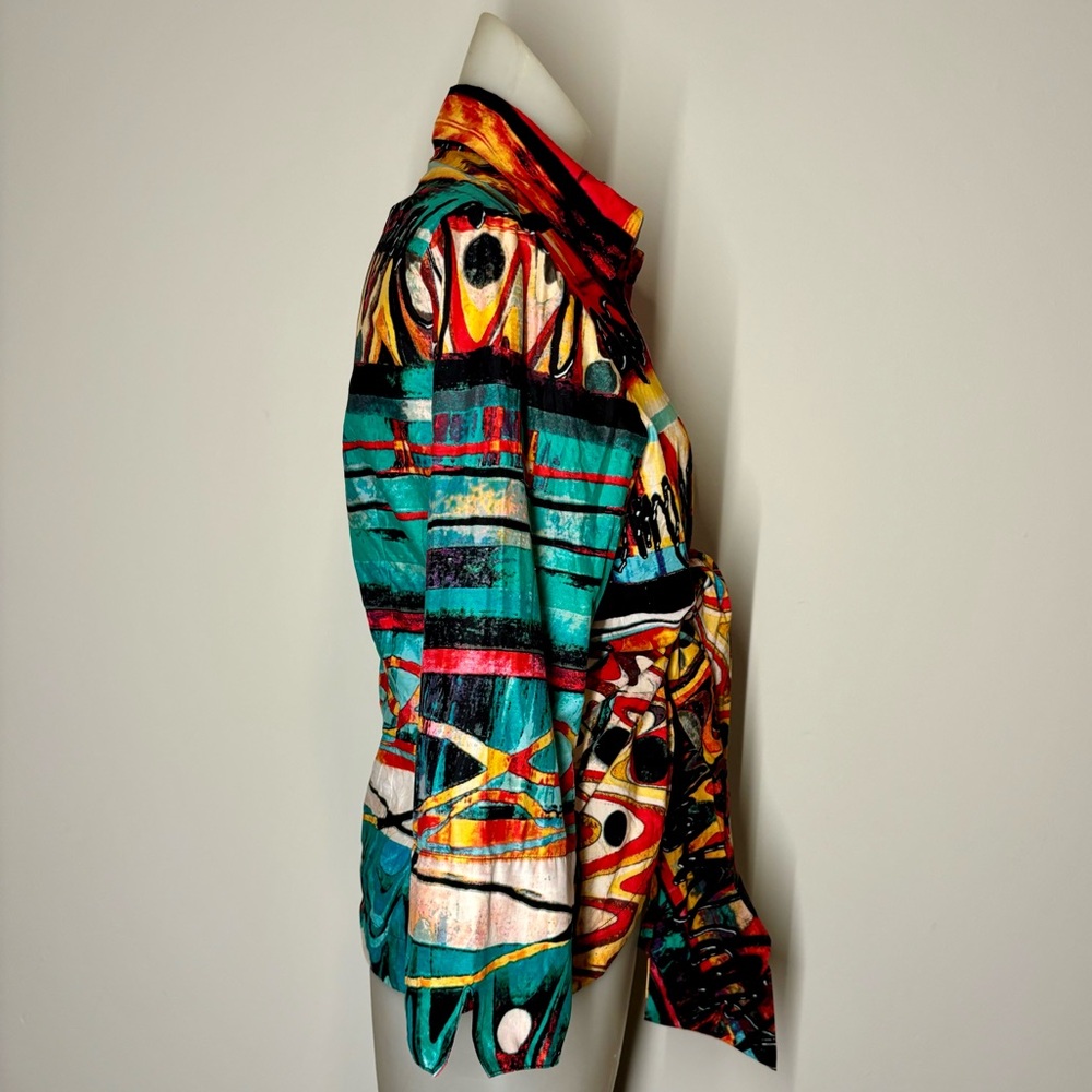 Mishca Tie Front Blouse Size Large Colorful Retro Funky - Picture 3 of 9